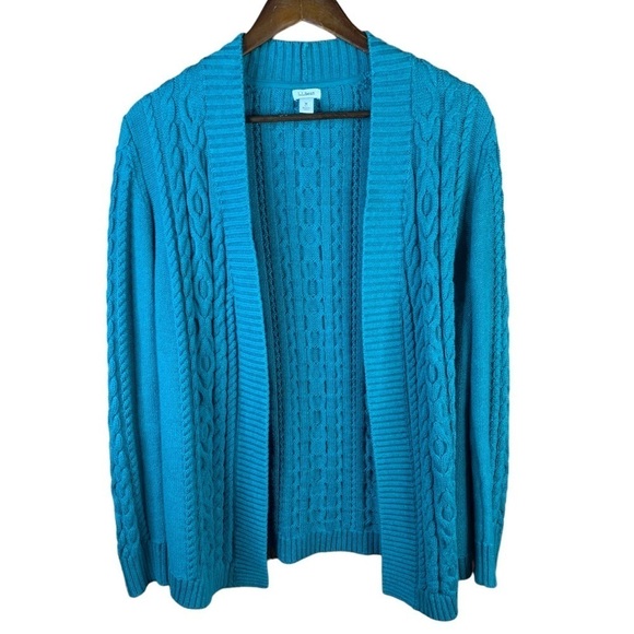 L.L. Bean Ladies Cable Knit Cardigan Long Sleeve Open Front Teal Sweater Medium - Picture 7 of 7